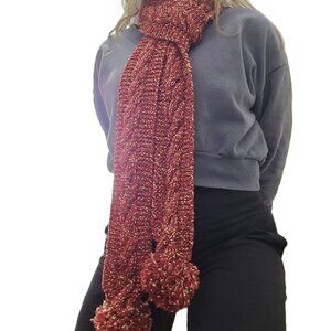 Handmade Skinny scarf, cable knit and pom poms speckled brick red
